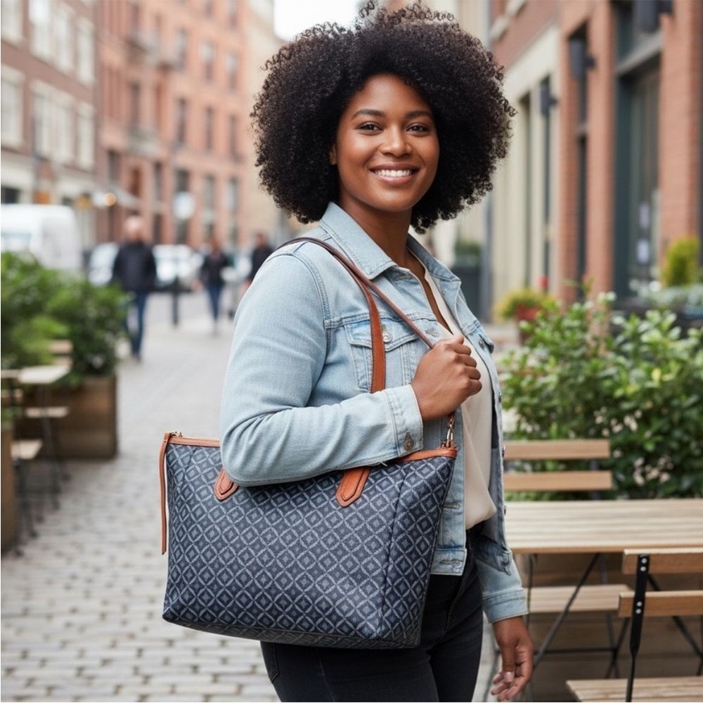 Fossil Blue and Tan Tote Bag